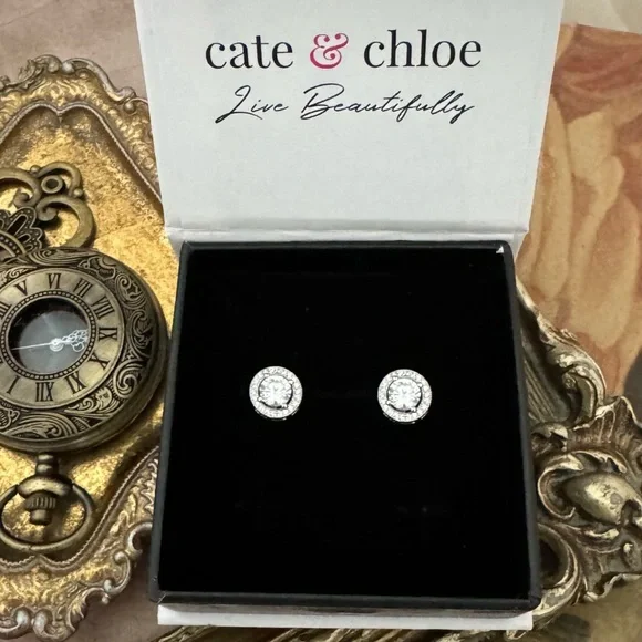 CATE & CHLOE • Ariel White Gold Halo Simulated Diamond Crystals Earrings - Picture 3 of 3